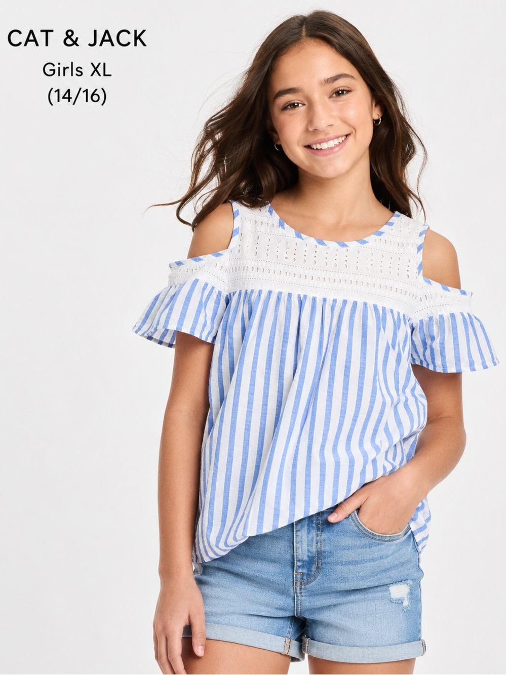 Cat & Jack Blue White Striped Cold Shoulder Blouse Girls XL (14/16) 100% Cotton